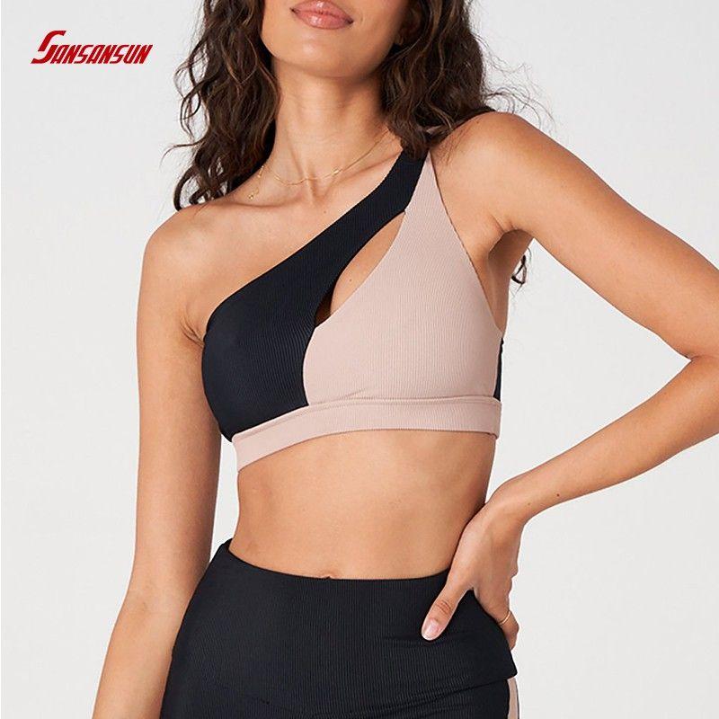 Find One Shoulder Ribbed Fabric Sports Bra,One Shoulder Ribbed